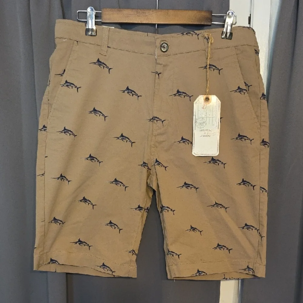 NWT Hudson & Barrow Men's‎ Shorts Tan W/Navy Swordfish Flat Front Pockets Sz 32